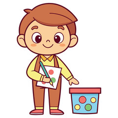 Smiling Boy with Pencil Drawing Circles on Paper near a Blue and Red Box