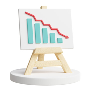 whiteboard easel with descending red bar graph chart arrow down 3d illustration isolated on transparent background. Crisis, global recession, tariffs effect concept