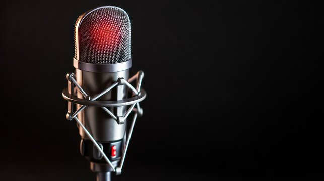Close-up of a professional microphone with a red light, set against a dark background, ideal for audio projects - Powered by Adobe