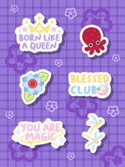 a set of adorable sticker design with octopus, flower and positive word