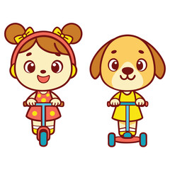 Cartoon Girl with Bow and Dog Character on Scooter with Transparent Background