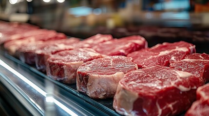 Freshly displayed beef steaks in a refrigerated display case.