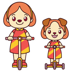 Cartoon Girl and Dog Character on Scooter, Red and Yellow, Transparent BG
