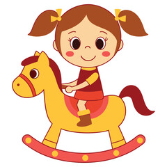 Smiling Cartoon Girl Riding Rocking Horse with Ponytails and Yellow Bows on White