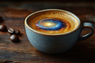 A coffee cup contains a galaxy in a creative and whimsical image