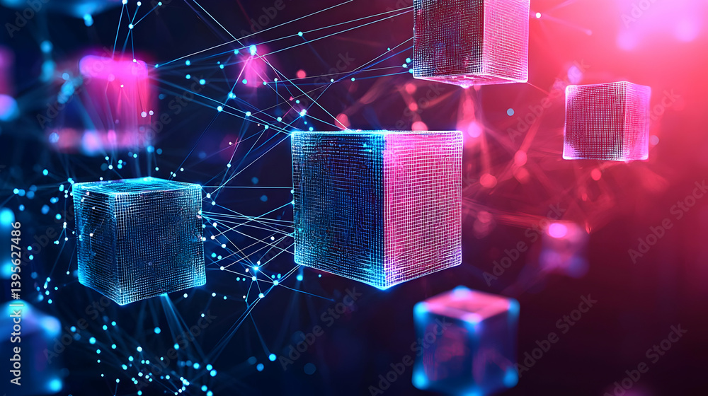 Poster abstract network of glowing cubes