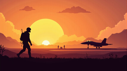 Fototapeta premium Soldier Silhouette at Sunset with Jet