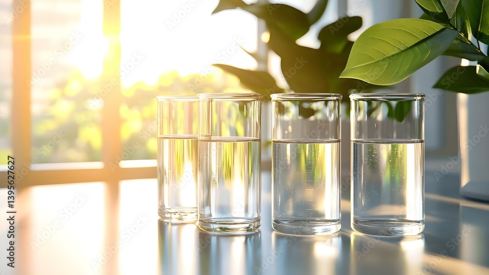 Poster multiple glass containers with clear water are arranged in a row, illuminated by soft sunlight filte