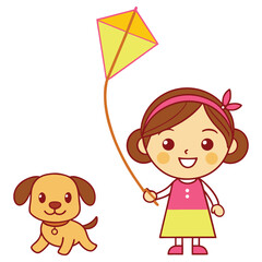 Cartoon Girl with Kite and Cute Dog on a White Background Design