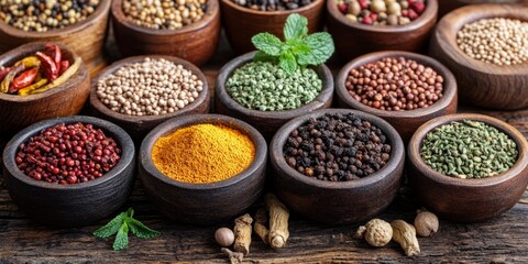 Colorful assorted ingredients in small wooden bowls, arranged neatly is great for cuisine or food themed projects.