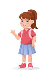 Cute schoolgirl waving hand. Vector illustration