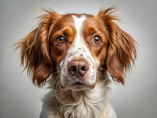 Fototapeta premium Funny Breton Spaniel Close Up: White & Brown Dog Portrait