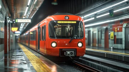 A red subway train waits at a station platform