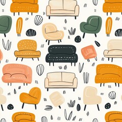 Hand-illustrated cozy apartment pattern featuring sketched furniture elements, warm pastels, and a modern aesthetic - creative bookshelf artistic blanket welcoming
