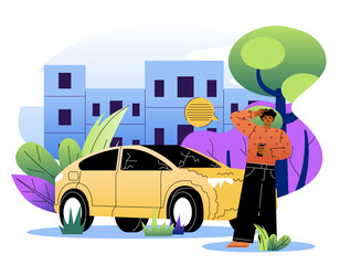 Man shocked by damaged car outdoors. Vector illustration