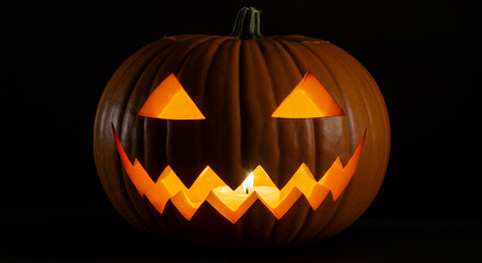 Fototapeta premium Glowing carved pumpkin on dark background halloween
