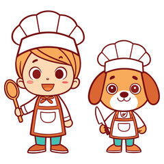Cheerful Boy Chef with Spoon and Dog Chef with Knife on a White Background