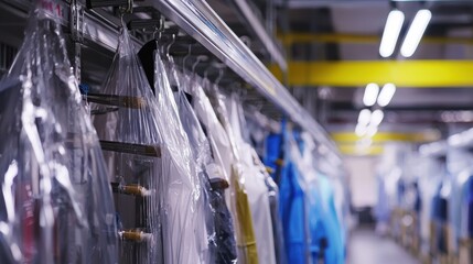 Organized clothing hanging in a modern laundry facility, showcasing various garments in plastic