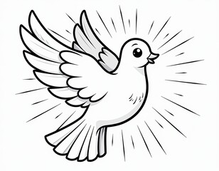 Fototapeta premium Cartoon White Dove of Peace Flying, Line Art Illustration