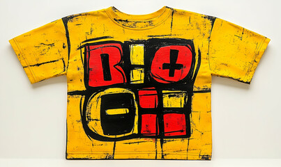 Bright yellow t-shirt featuring abstract graphic design with bold colors and shapes, displayed against a neutral background