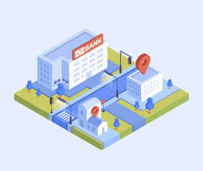 Isometric city block with bank and map pins. Vector illustration