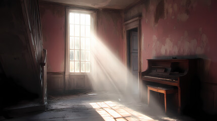 In the ghostly silence of the old house, sun rays penetrate the dilapidated structure, casting an ethereal light on the faded grandeur of its once-cherished. Ghostly Silence. Illustration