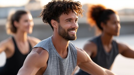 A diverse group of happy friends enjoys an outdoor yoga session together practicing various poses strengthening their bodies and minds promoting wellness and fitness.