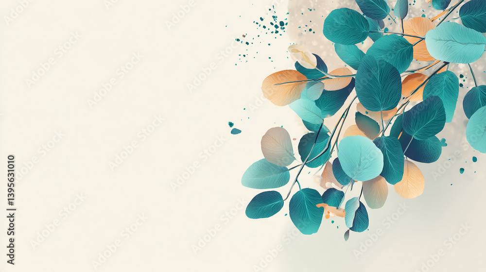 Poster soft teal and peach leaves branch, delicate design on a light background, showcasing a tranquil and 