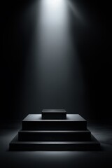 Obraz premium A dramatic spotlight illuminates a minimalist three-tiered black platform perfect for showcasing contemporary products or artistic abstract designs in a high-fidelity 3D rende