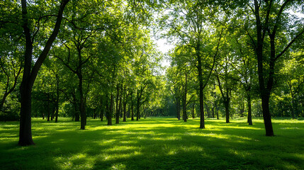 Fototapeta premium Lush Green Trees In A Sunny Forest Park