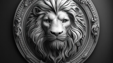 Majestic lion sculpture, ornate frame, dark background, wall decor