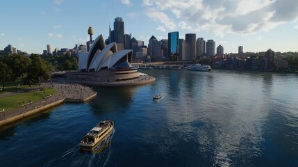 Naklejka premium A scenic view of Sydney's iconic Opera House with boats on the harbor and a vibrant city skyline