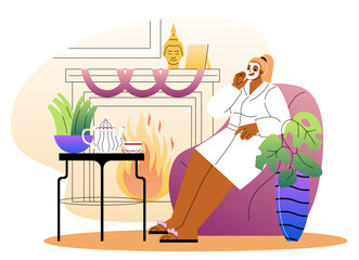 Woman relaxing with face mask at fireplace. Vector illustration