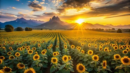 Obraz premium Golden Hour Sunflowers & Majestic Mountain Drone Photography