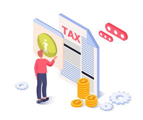 Man studying tax document online. Vector illustration