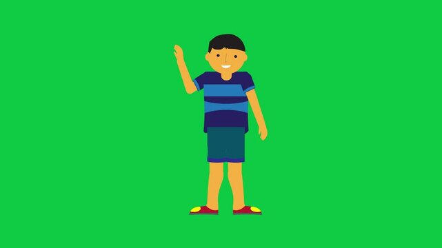 Character waving and greeting loop cartoon animation. Character animation in green screen background.