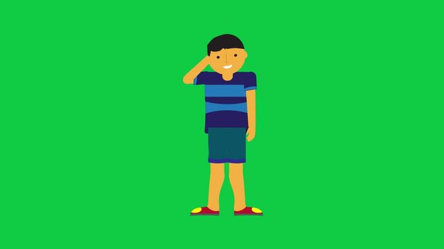 Animated cheerful character scratching head loop animation. Character animation in green screen background.