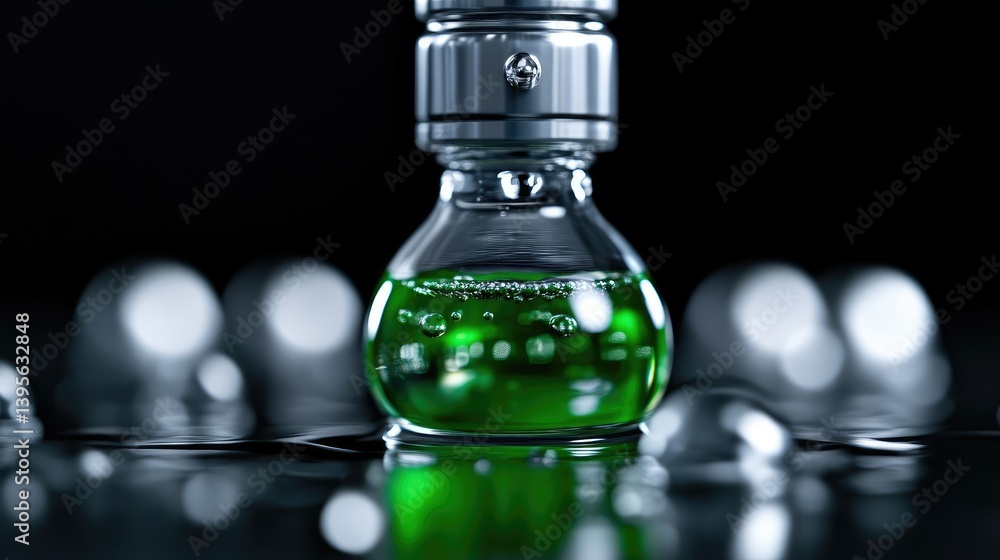 Aufkleber close-up of a round flask filled with a vibrant green liquid, positioned on a reflective surface wit