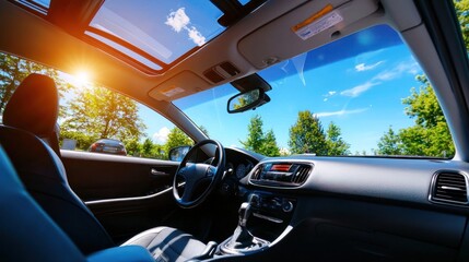 Interior view of a modern car with a panoramic sunroof, showcasing a bright sky and trees outside