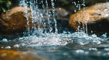 Close-up of cascading water droplets splashing over smooth stones in a serene natural setting