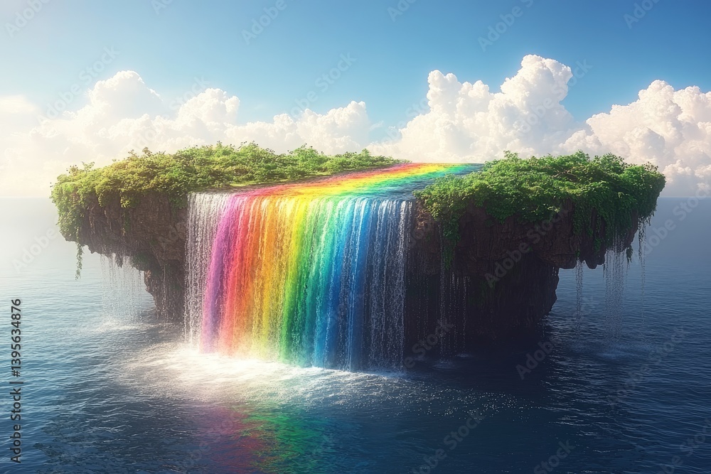 Poster a colorful waterfall cascading over a floating island in the ocean