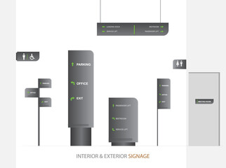 Wayfinding system signage mockup set Direction signs Exterior and interior way finding design