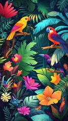 Two colorful birds perch among vibrant flowers and lush green leaves.