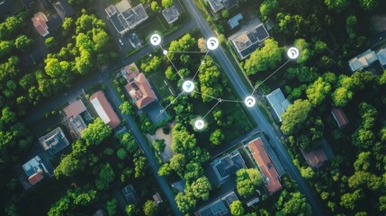 Aerial view of a residential area with interconnected wireless network.