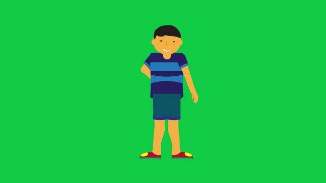 Character talking and placing the right hand behind in a clean green screen animation suitable for compositing and motion graphics use.