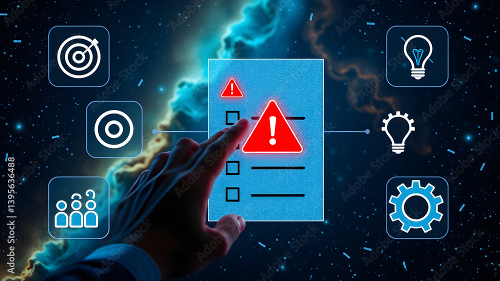 Poster hand pointing to a digital checklist with warning sign