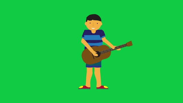 Character singing and playing a guitar in a clean green screen performance animation suitable for compositing and motion graphics use.