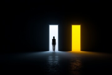 Obraz premium A Person's Choice Two Doors - A silhouette of a person stands before two doors, one brightly lit and one dimly lit, symbolizing choice, opportunity, uncertainty