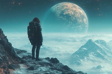 Astronaut Contemplates a Majestic Alien Landscape