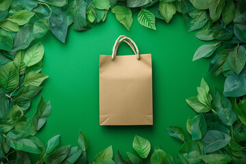 Eco-friendly brown paper bag placed on a green background with natural leaves surroundings